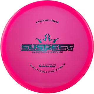 A pink Lucid Suspect disc golf disc.