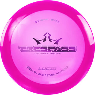 A pink Lucid Trespass disc golf disc.