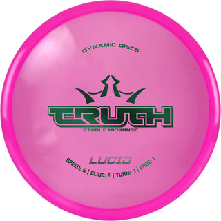 A pink Lucid Truth disc golf disc.