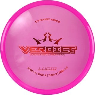 A pink Lucid Verdict disc golf disc.