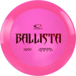 A pink Opto Ballista disc golf disc.