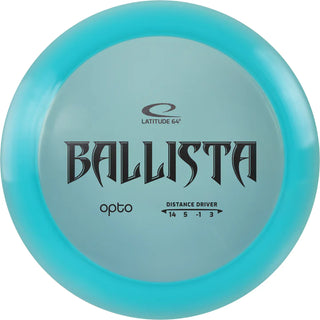 A turquoise Opto Ballista disc golf disc.