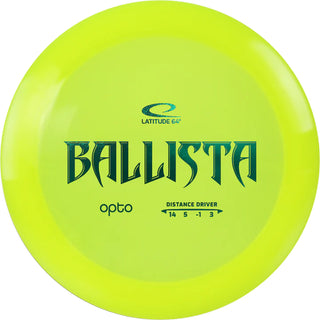 A yellow Opto Ballista disc golf disc.