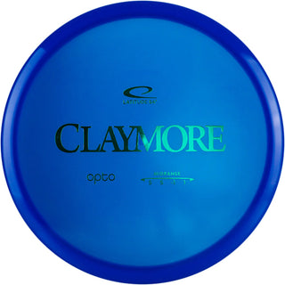 A blue Opto Claymore disc golf disc.