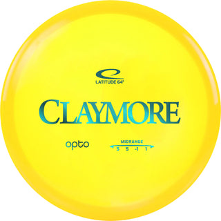 A yellow Opto Claymore disc golf disc.