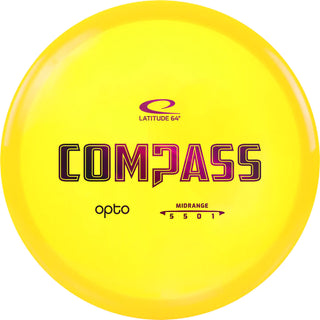 A yellow Opto Compass disc golf disc.