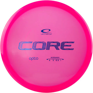 A pink Opto Core disc golf disc.
