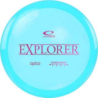 A turquoise Opto Explorer disc golf disc.