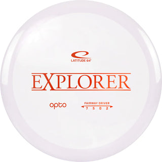 A white Opto Explorer disc golf disc.