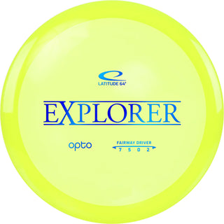 A yellow Opto Explorer disc golf disc.