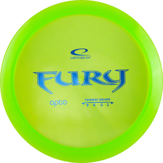 A green Opto Fury disc golf disc.