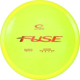A yellow Opto Fuse disc golf disc.