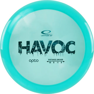 A turquoise Opto Havoc disc golf disc.