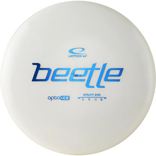 A white Opto Ice Beetle disc golf disc.