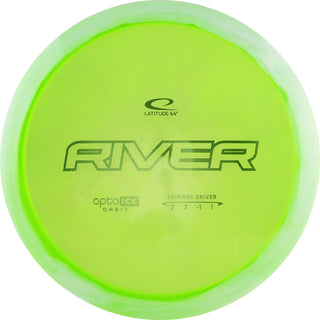A green and white Opto Ice Orbit River disc golf disc.