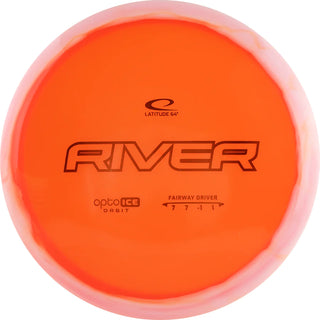 An orange and white Opto Ice Orbit River disc golf disc.
