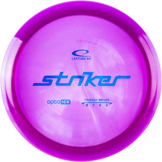 A purple Opto Ice Striker disc golf disc.