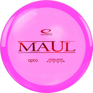 A pink Opto Maul disc golf disc.