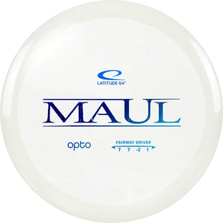 A white Opto Maul disc golf disc.