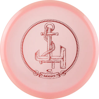 A pink Opto Moonshine Anchor disc golf disc made in luminescent plastic.