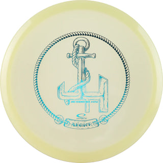 A white Opto Moonshine Anchor disc golf disc made in luminescent plastic.