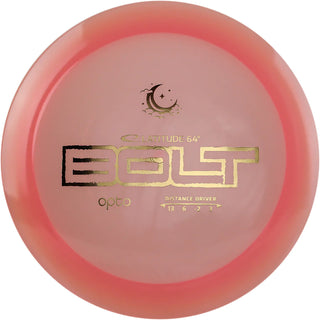 A pink Opto Moonshine Bolt disc golf disc made in luminescent plastic.