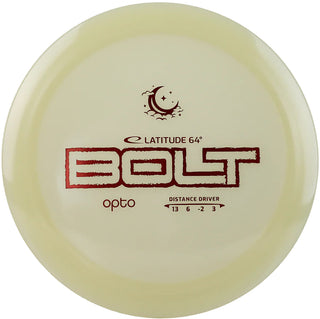A white Opto Moonshine Bolt disc golf disc made in luminescent plastic.