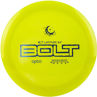 A yellow Opto Moonshine Bolt disc golf disc made in luminescent plastic.