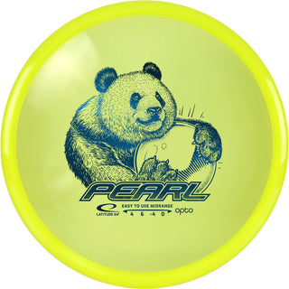 A yellow Opto Pearl disc golf disc.