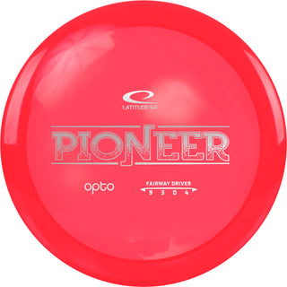 A red Opto Pioneer disc golf disc.