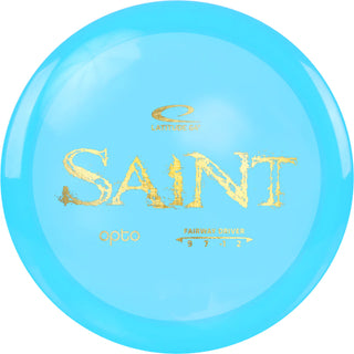 A turquoise Opto Saint disc golf disc.