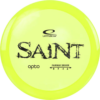 A yellow Opto Saint disc golf disc.