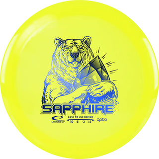 A yellow Opto Sapphire disc golf disc.