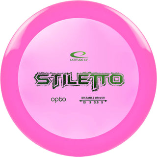 A pink Opto Stiletto disc golf disc.
