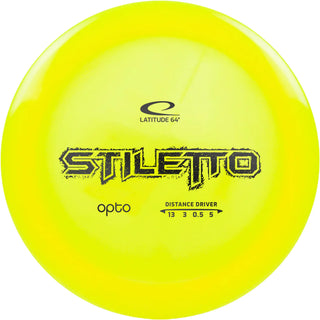 A yellow Opto Stiletto disc golf disc.