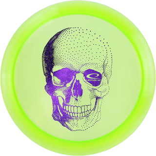A yellow Opto-X Musket disc golf disc stamped with a skull on it.