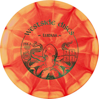 A red and yellow Origio Burst Tursas disc golf disc.