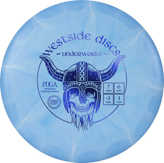 A blue and white Origio Burst Underworld disc golf disc.
