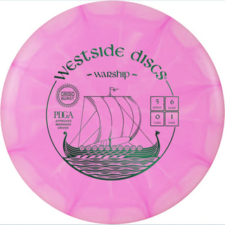 A pink and white Origio Burst Warship disc golf disc.