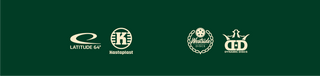 Four logos of different disc golf brands in beige on a green background.