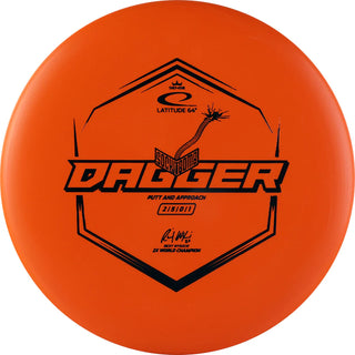 An orange Sense Dagger Sockibomb disc golf disc.