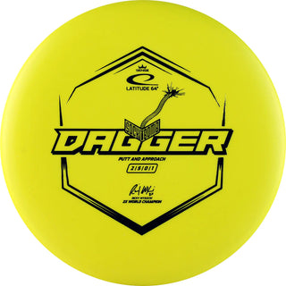 A yellow Sense Dagger Sockibomb disc golf disc.