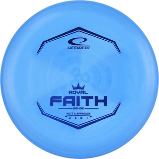 A blue Sense Faith disc golf disc.