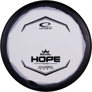 A white and black Sense Orbit Hope disc golf disc.