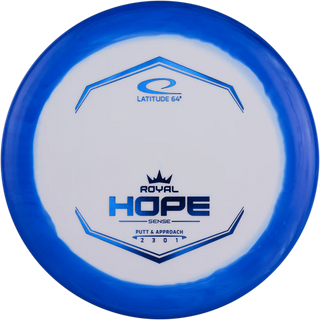 A white and blue Sense Orbit Hope disc golf disc.