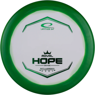 A white and green Sense Orbit Hope disc golf disc.