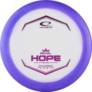 A white and purple Sense Orbit Hope disc golf disc.