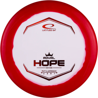 A white and red Sense Orbit Hope disc golf disc.