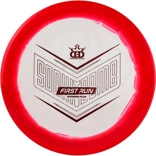A white and red Supreme Orbit Sockibomb Felon disc golf disc.