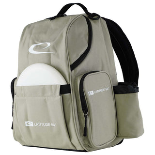 A beige disc golf backpack made by Latitude 64.